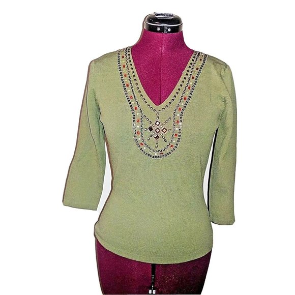 Sara & Lily Womens Top Size Small Green Long Sleeve V Neck Embellished - Picture 1 of 11